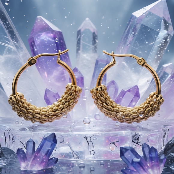 Boho Chic Textured Minimalist Hoop Earrings 18K Gold Plated Stainless Steel - Picture 5 of 16